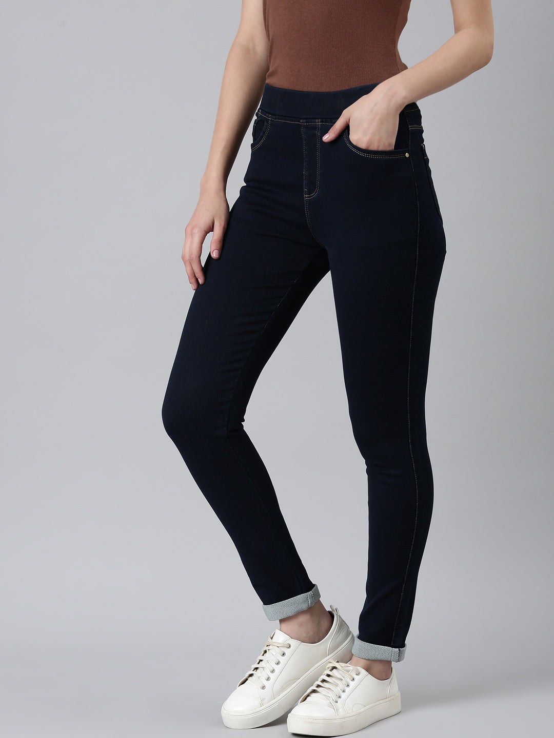 Women Navy Blue Solid Skinny Fit Denim Jeans