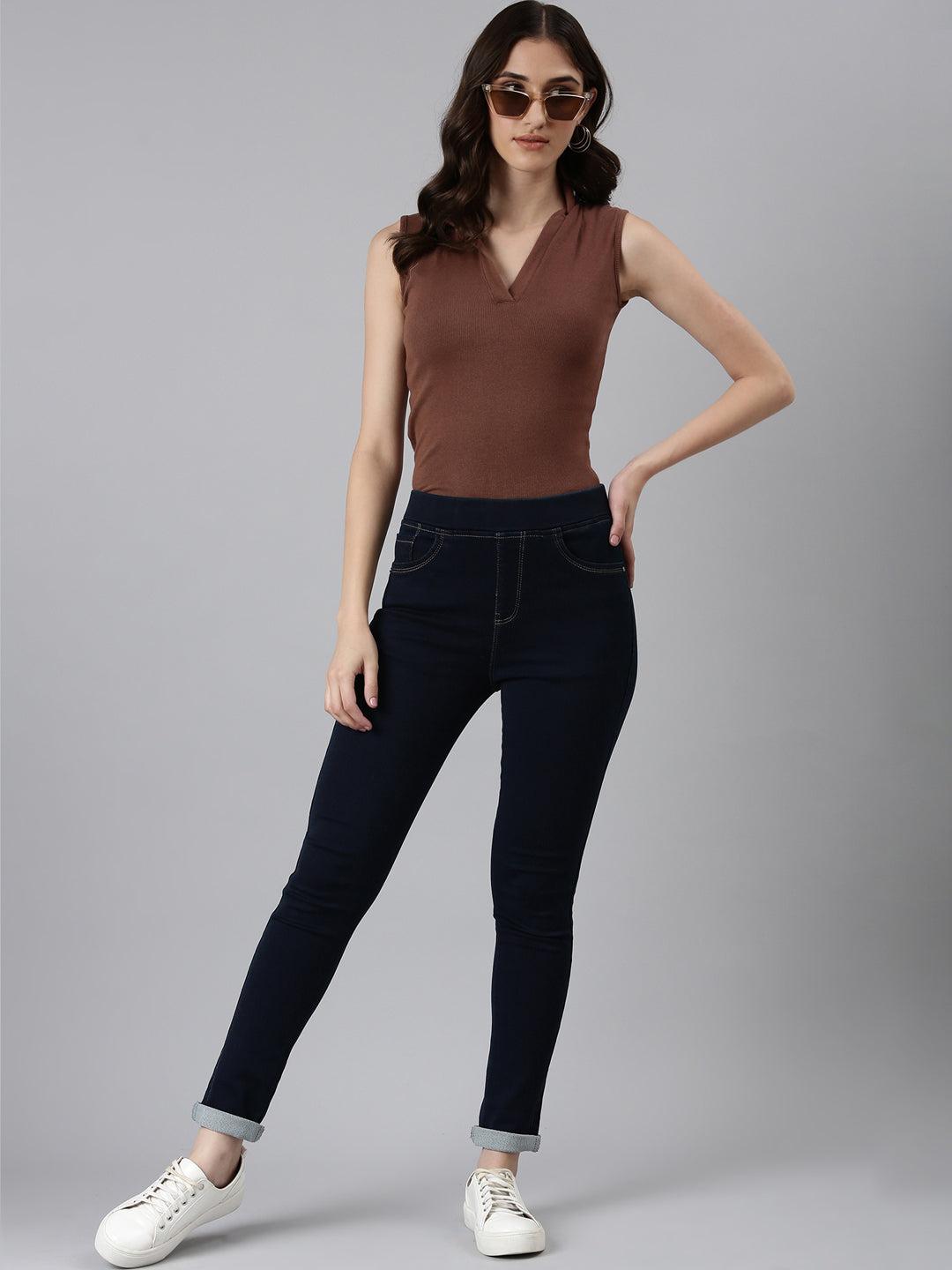 Women Navy Blue Solid Skinny Fit Denim Jeans