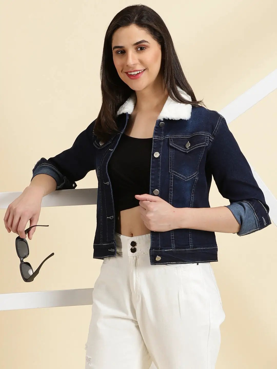 Women's Navy Blue Solid Denim Jacket