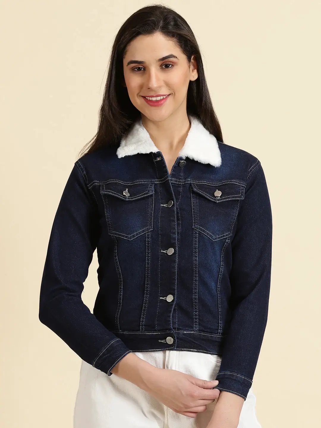 Women's Navy Blue Solid Denim Jacket