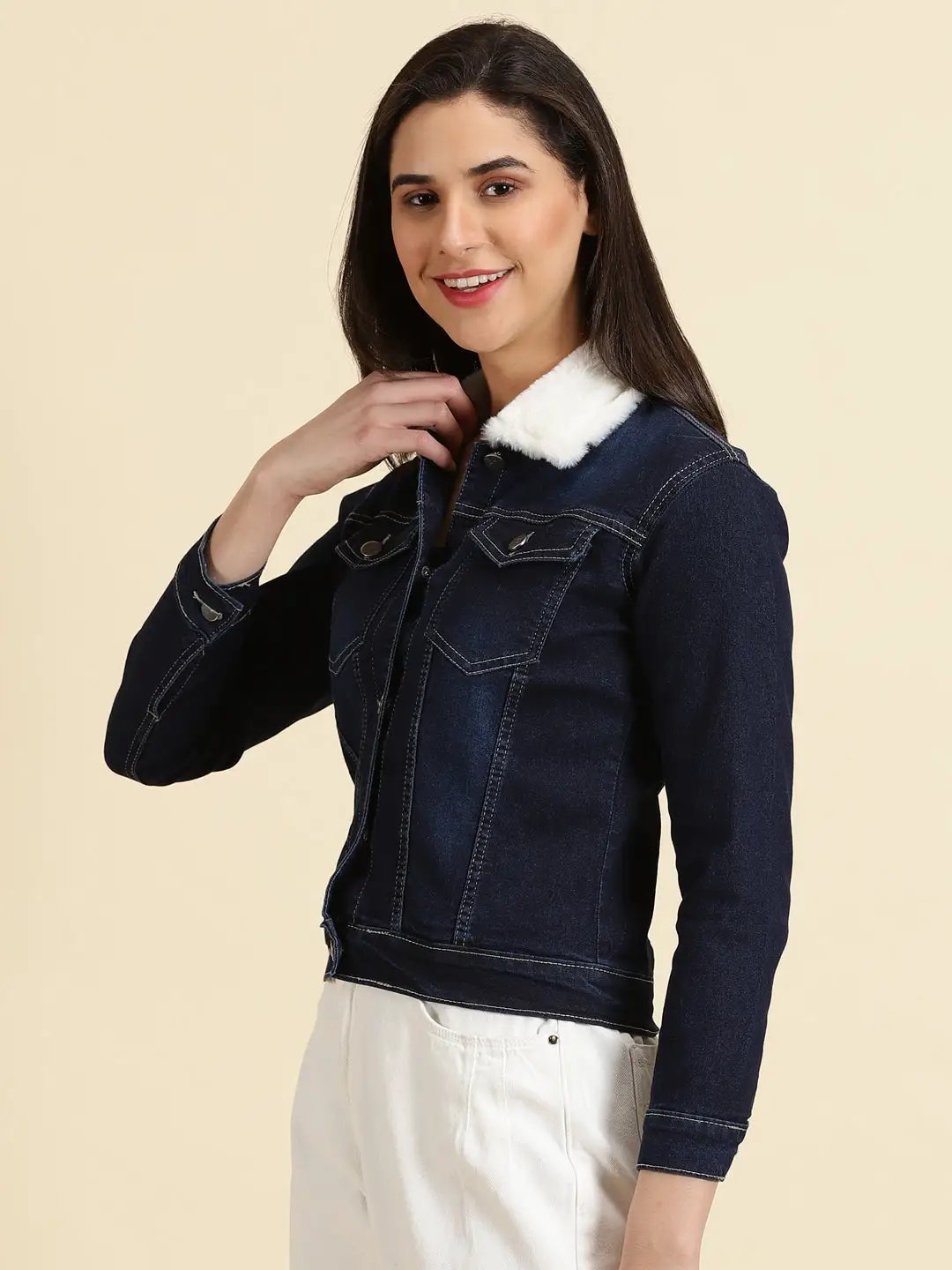 Women's Navy Blue Solid Denim Jacket
