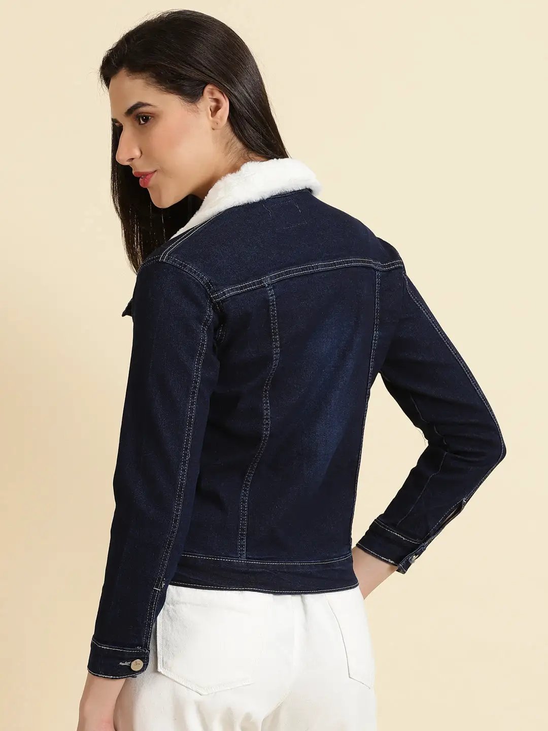 Women's Navy Blue Solid Denim Jacket