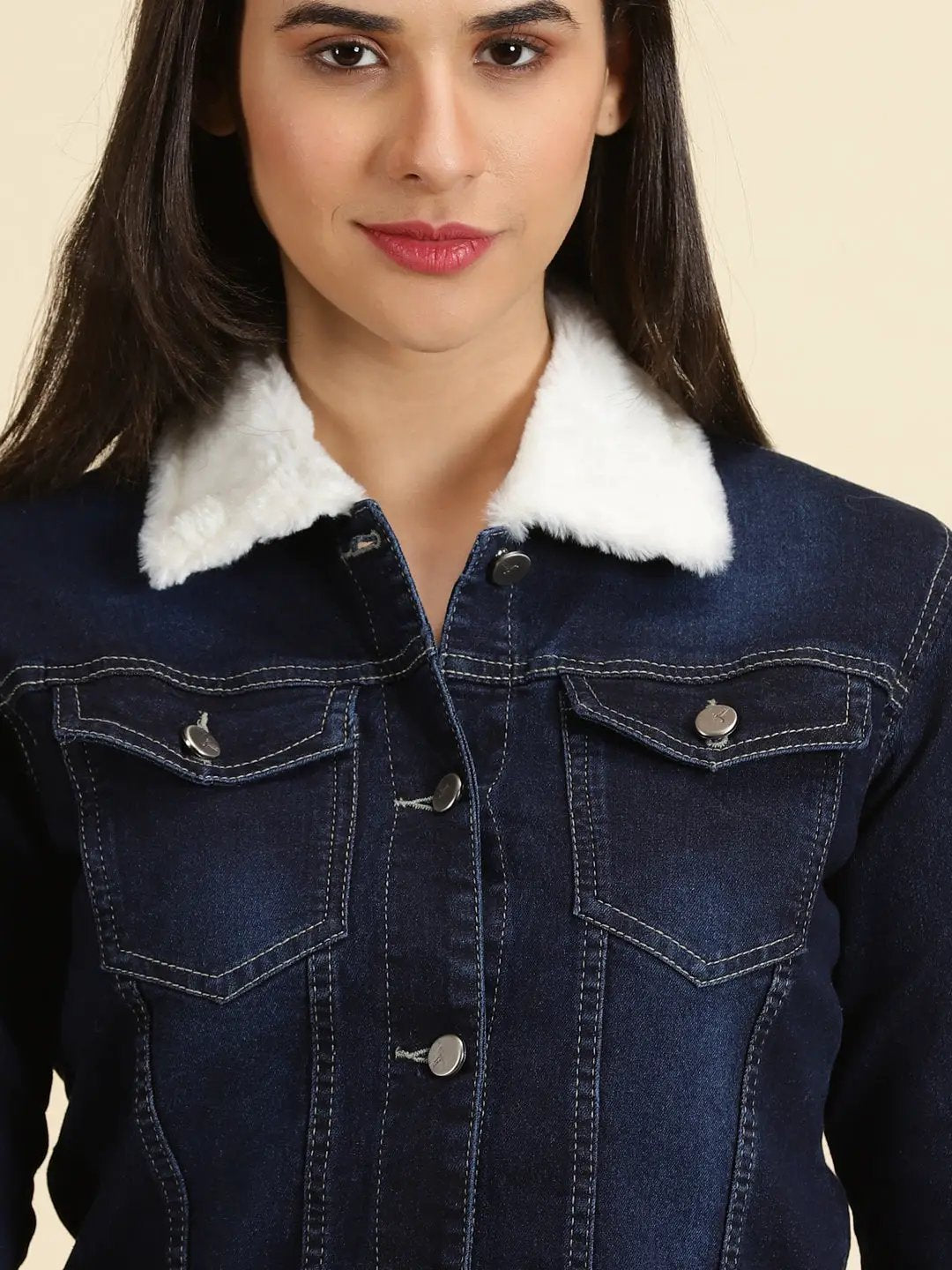 Women's Navy Blue Solid Denim Jacket