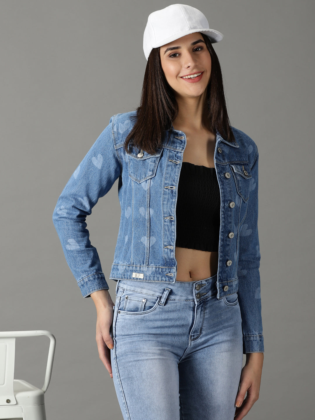 Women's Blue Printed Denim Jacket