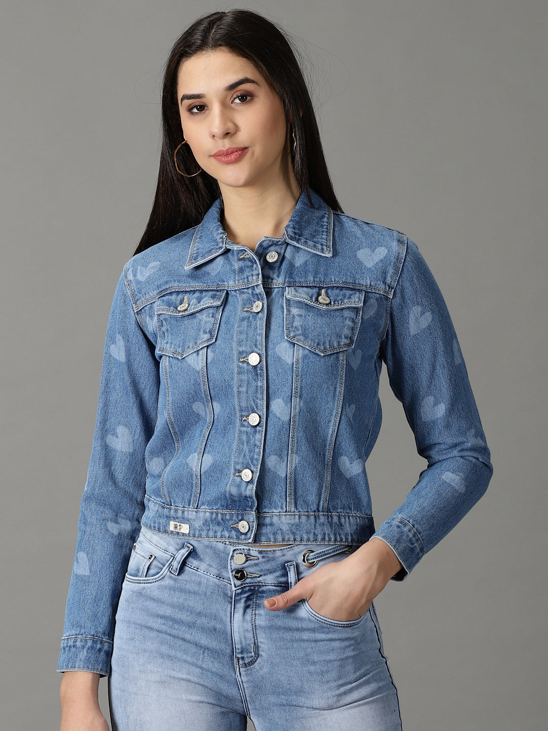 Women's Blue Printed Denim Jacket
