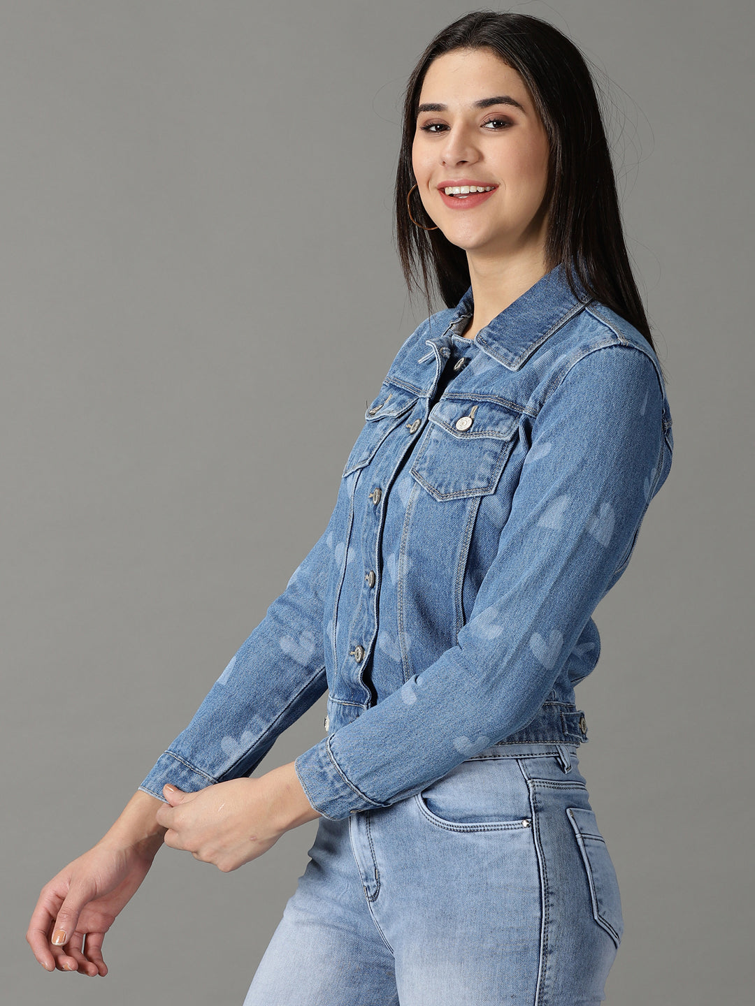 Women's Blue Printed Denim Jacket