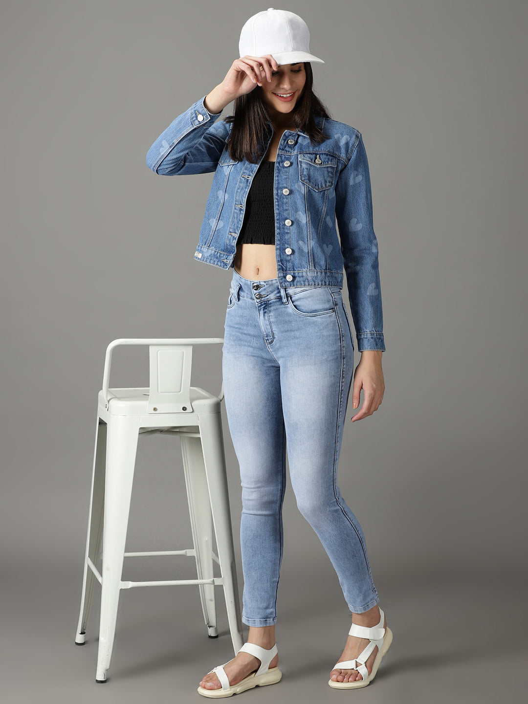 Women's Blue Printed Denim Jacket