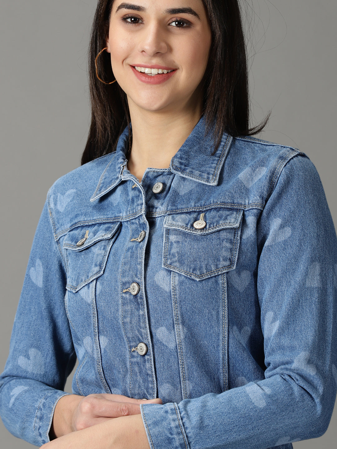 Women's Blue Printed Denim Jacket