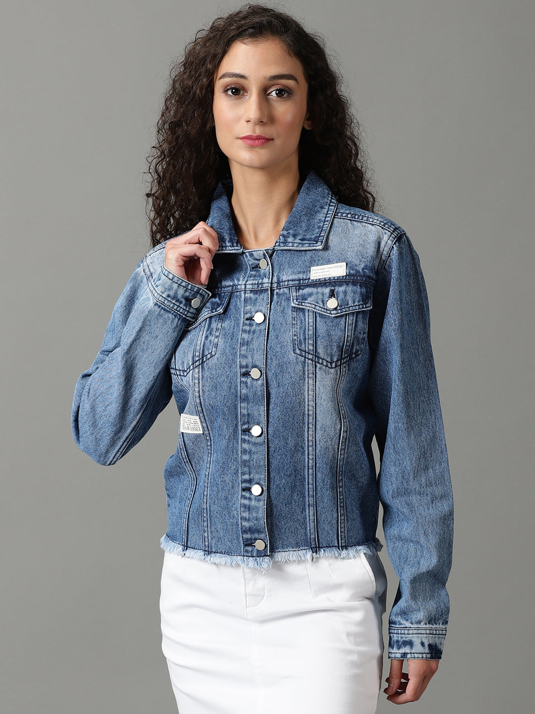 Women's Blue Solid Denim Jacket