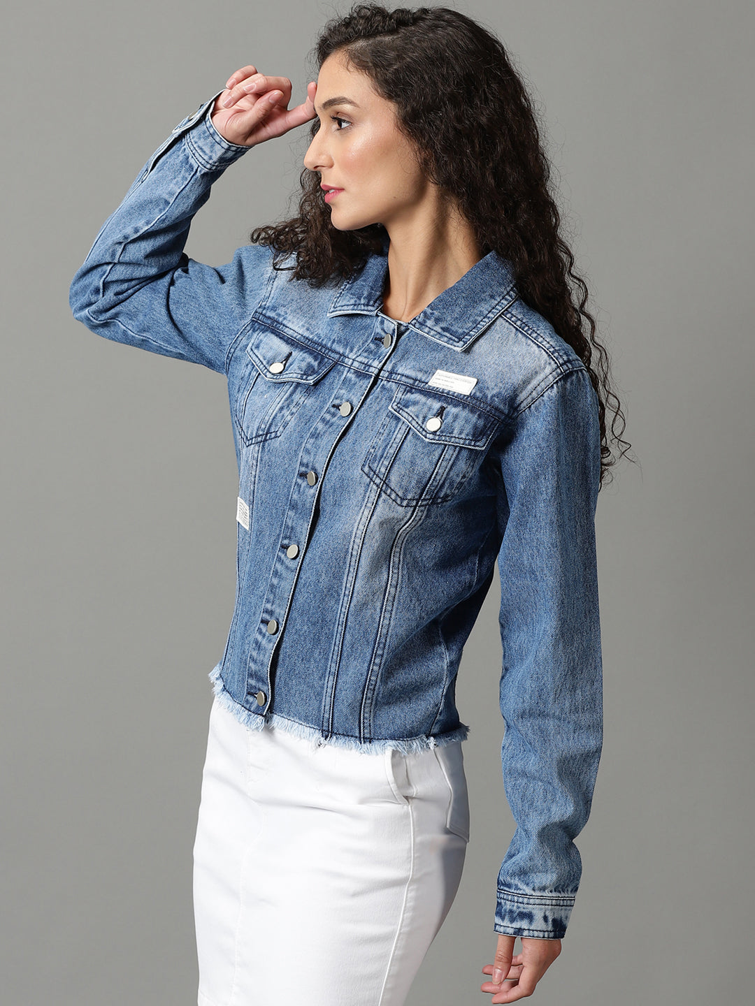 Women's Blue Solid Denim Jacket