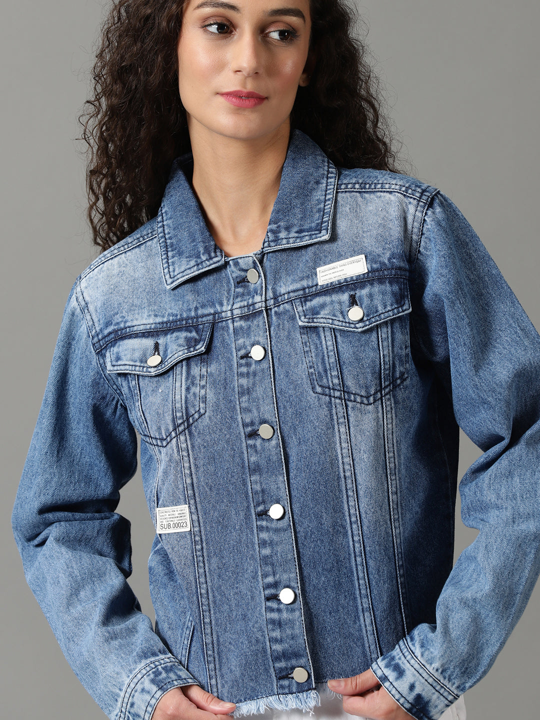 Women's Blue Solid Denim Jacket