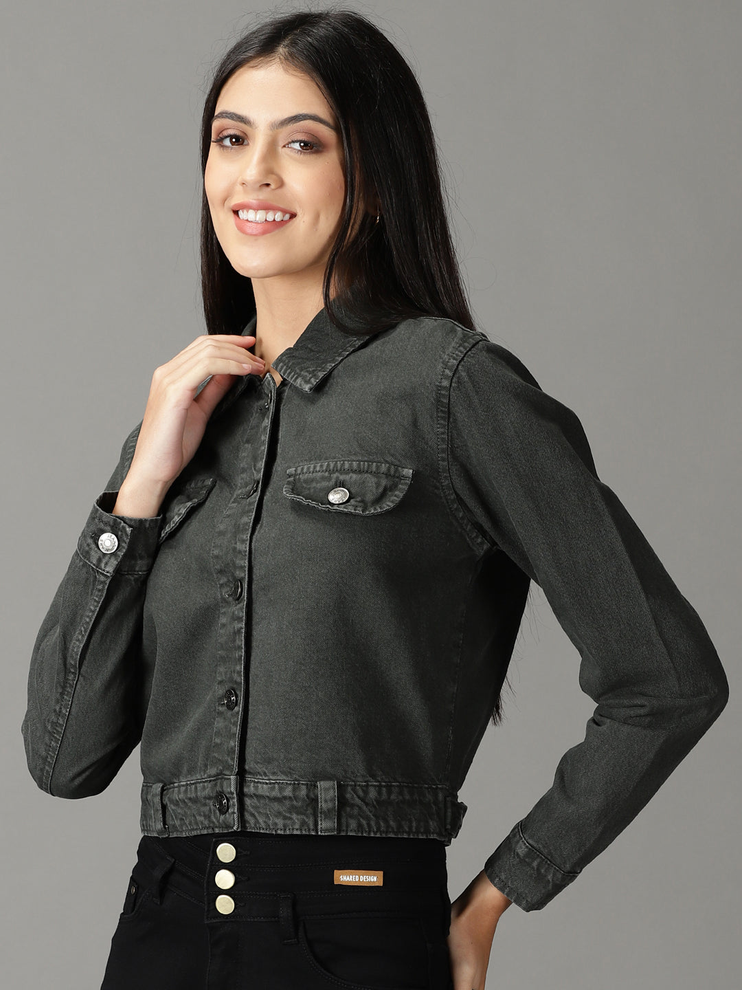 Women's Grey Solid Open Front Jacket