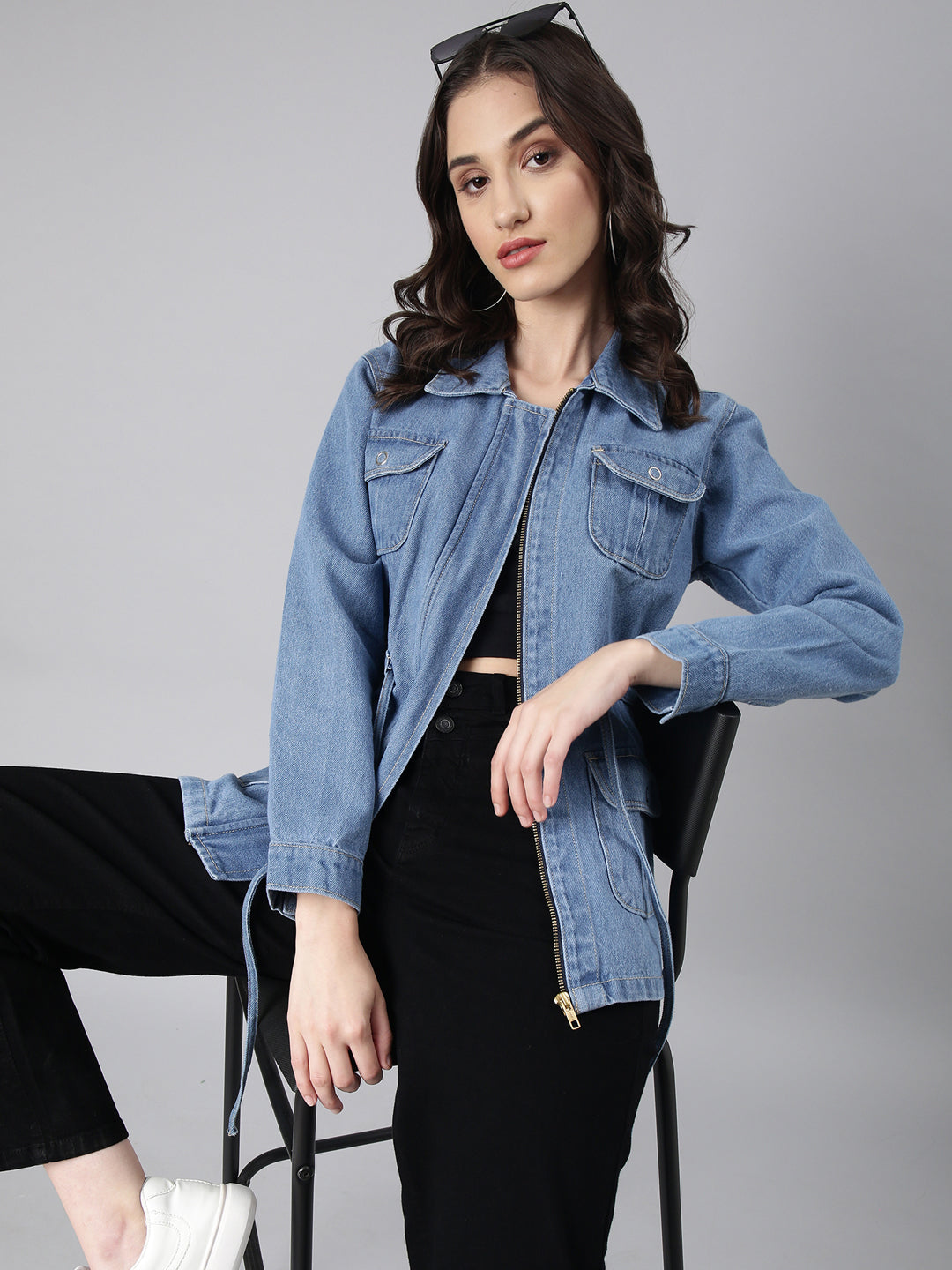 Women Blue Solid Denim Jacket