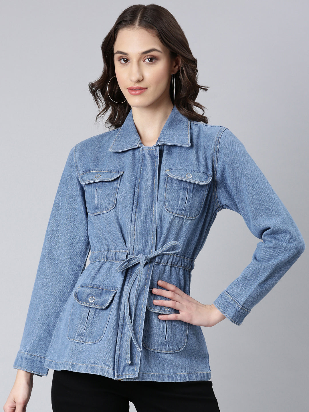 Women Blue Solid Denim Jacket