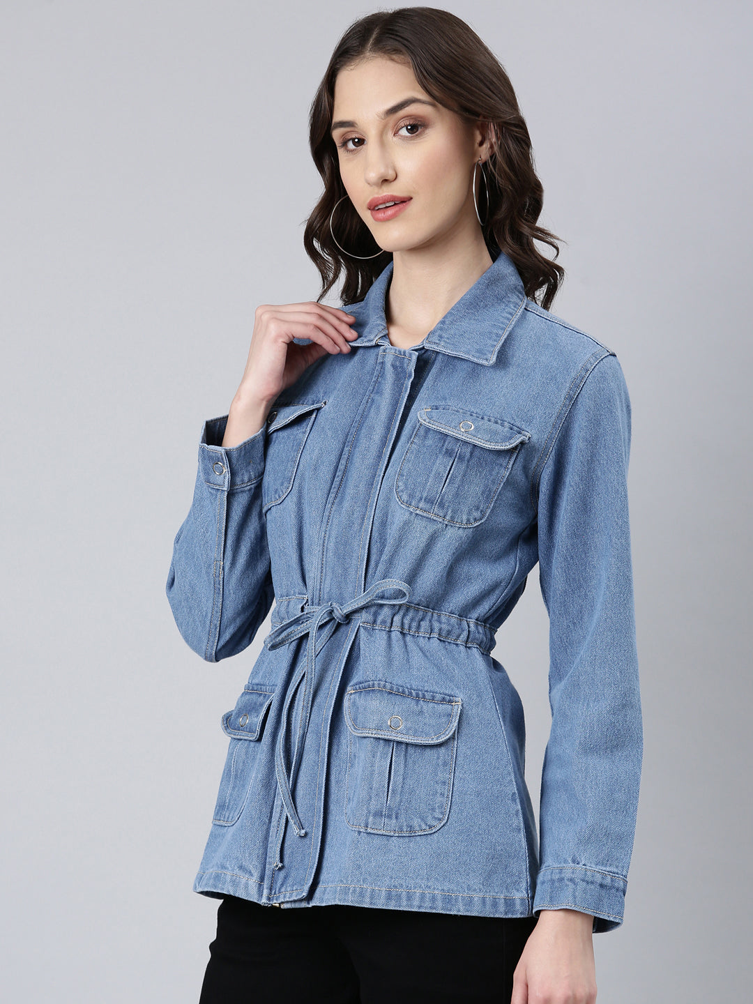 Women Blue Solid Denim Jacket