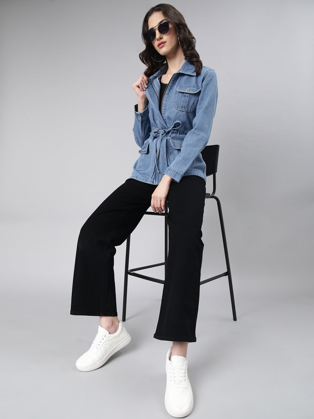 Women Blue Solid Denim Jacket