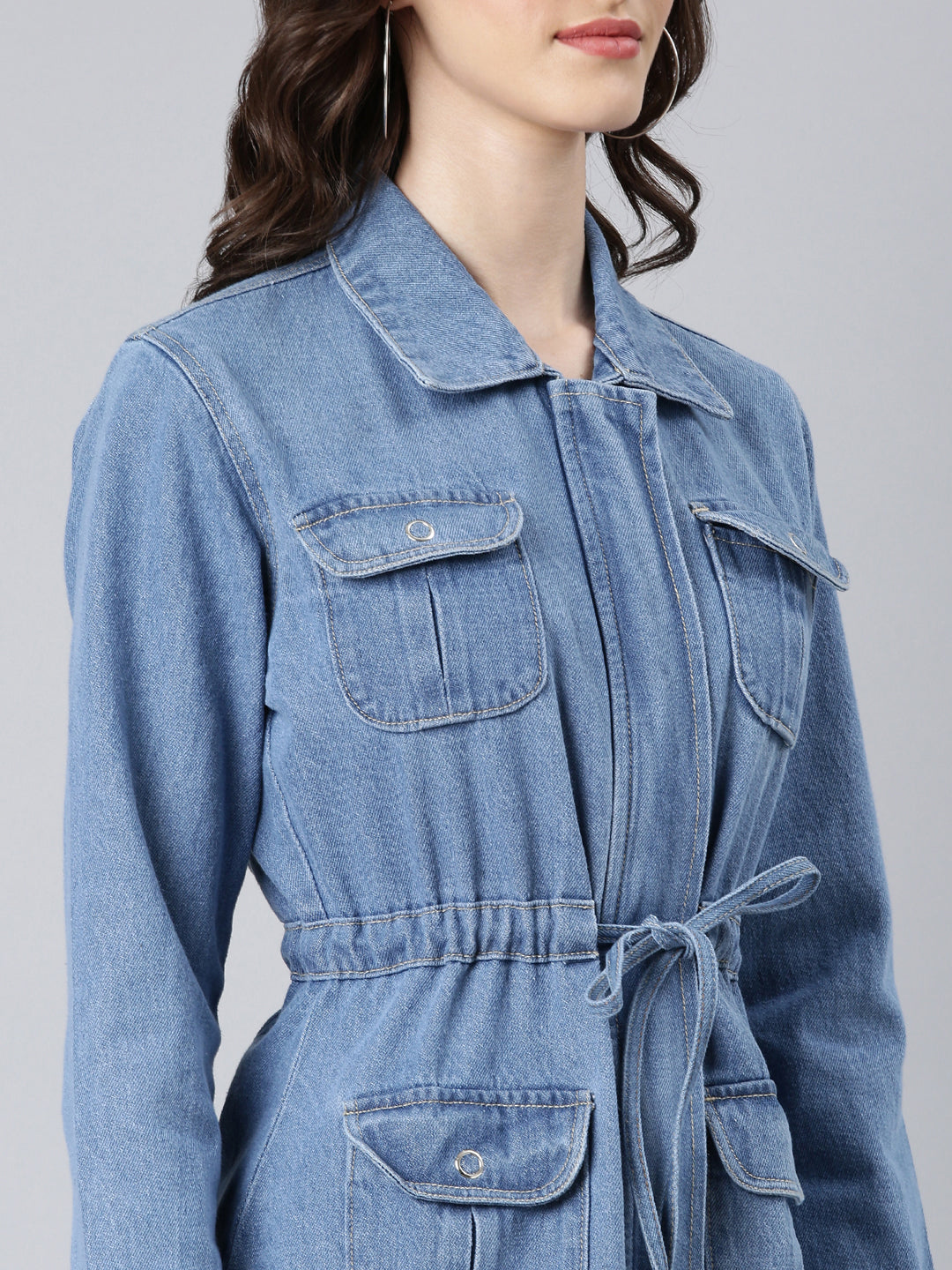 Women Blue Solid Denim Jacket