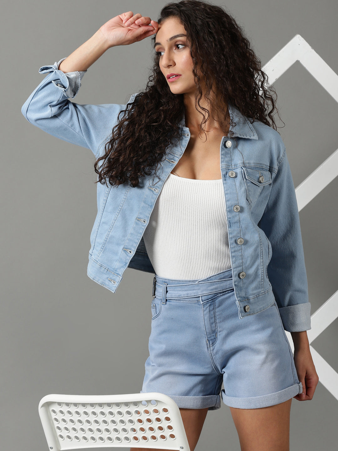 Women's Blue Solid Denim Jacket