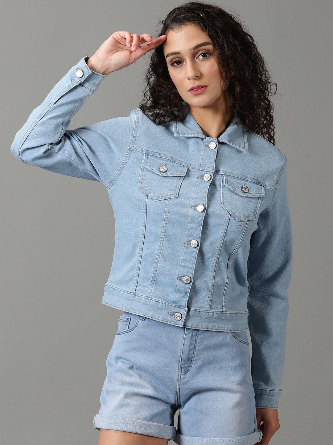 Women's Blue Solid Denim Jacket