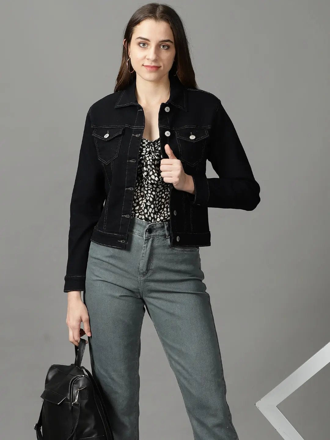Women's Black Solid Denim Jacket