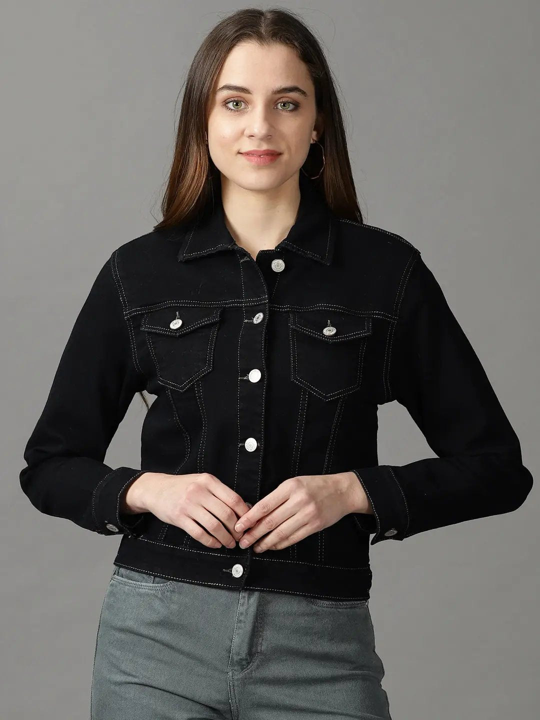 Women's Black Solid Denim Jacket