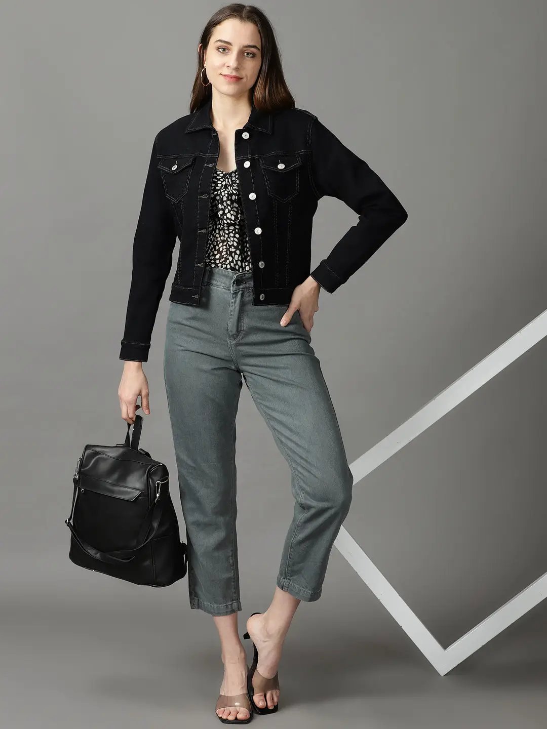 Women's Black Solid Denim Jacket