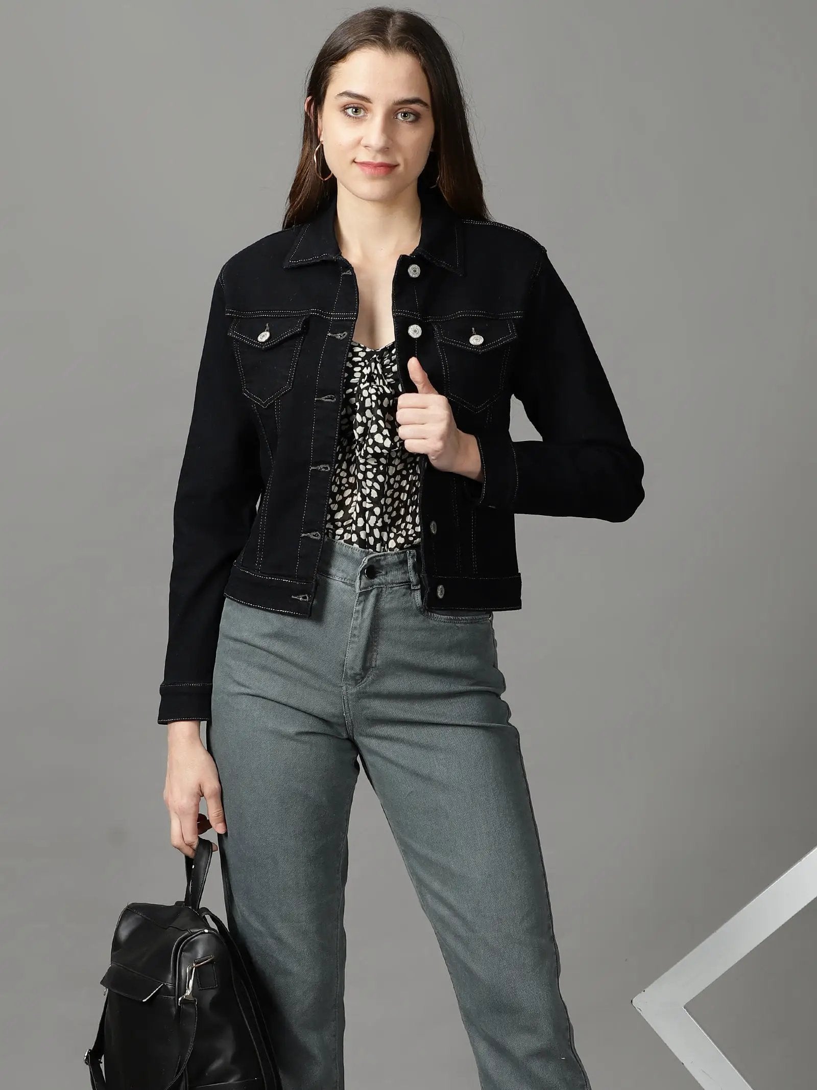 Women's Black Solid Denim Jacket
