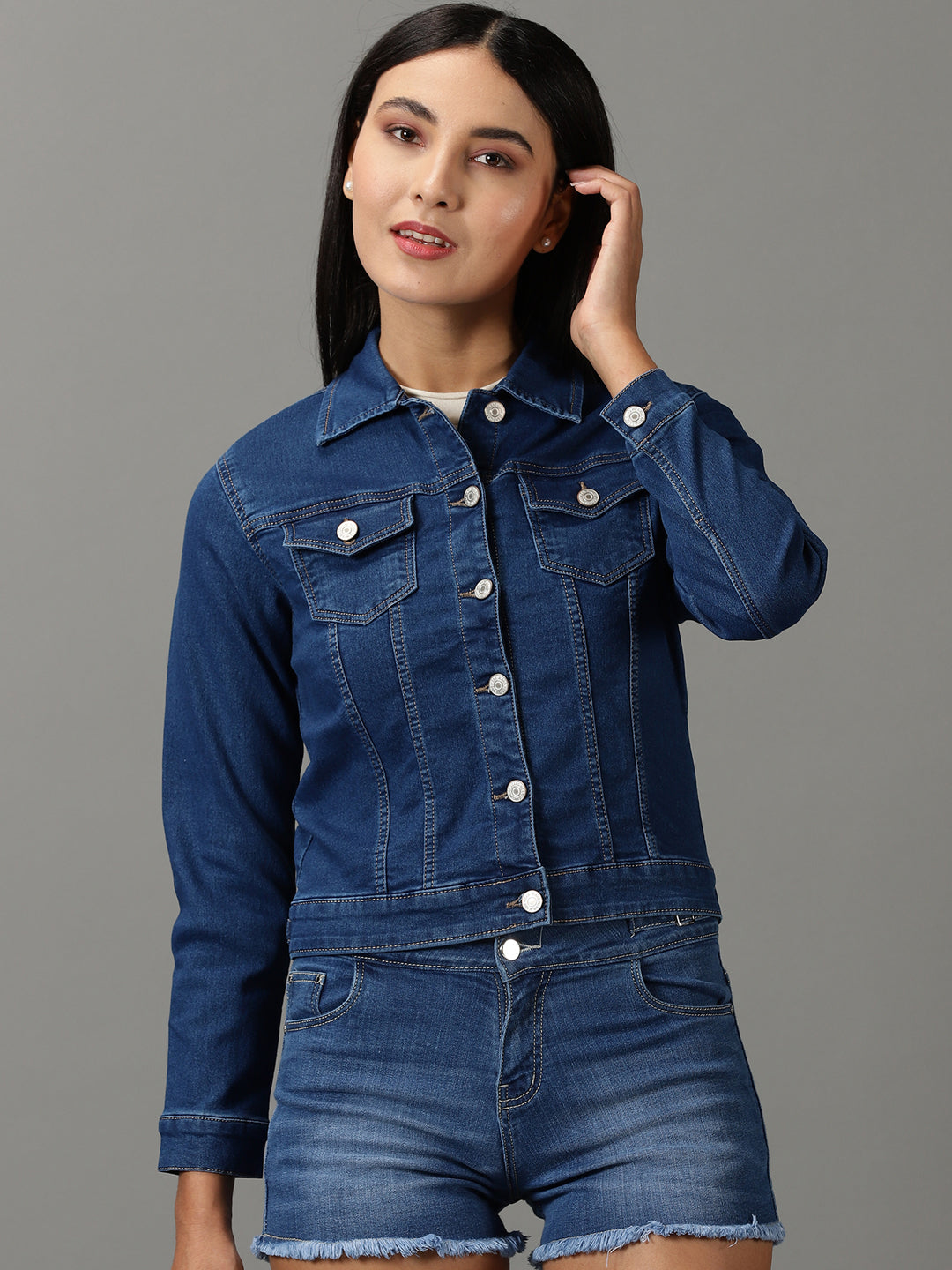 Women's Navy Blue Solid Denim Jacket