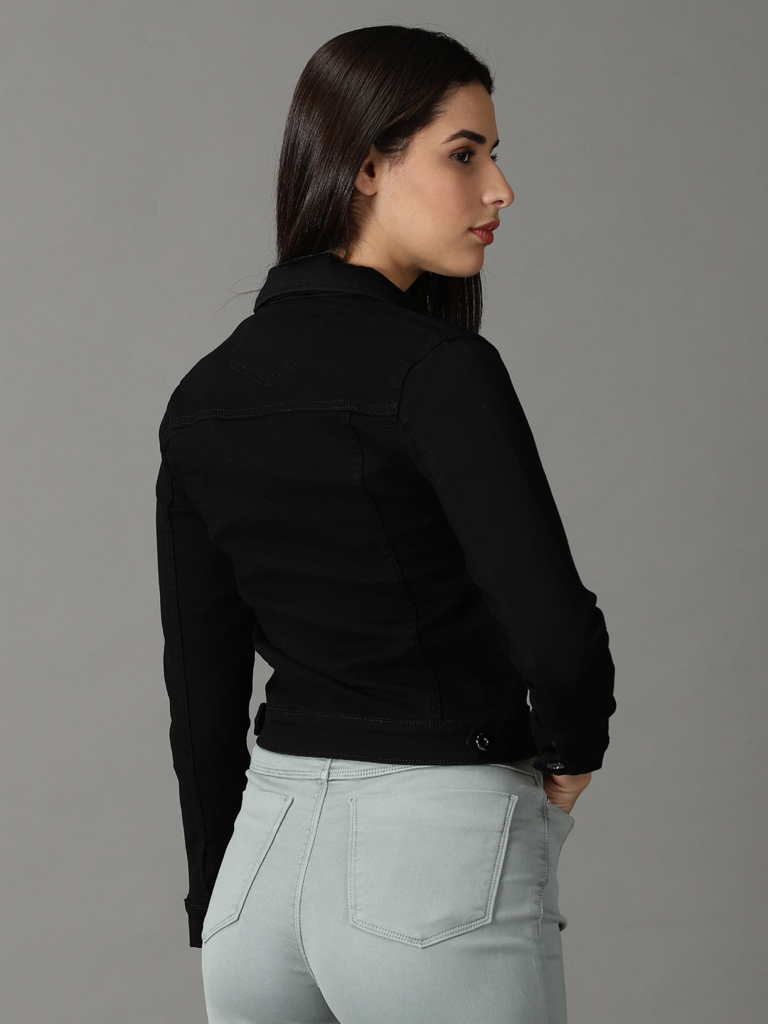 Women's Black Solid Denim Jacket