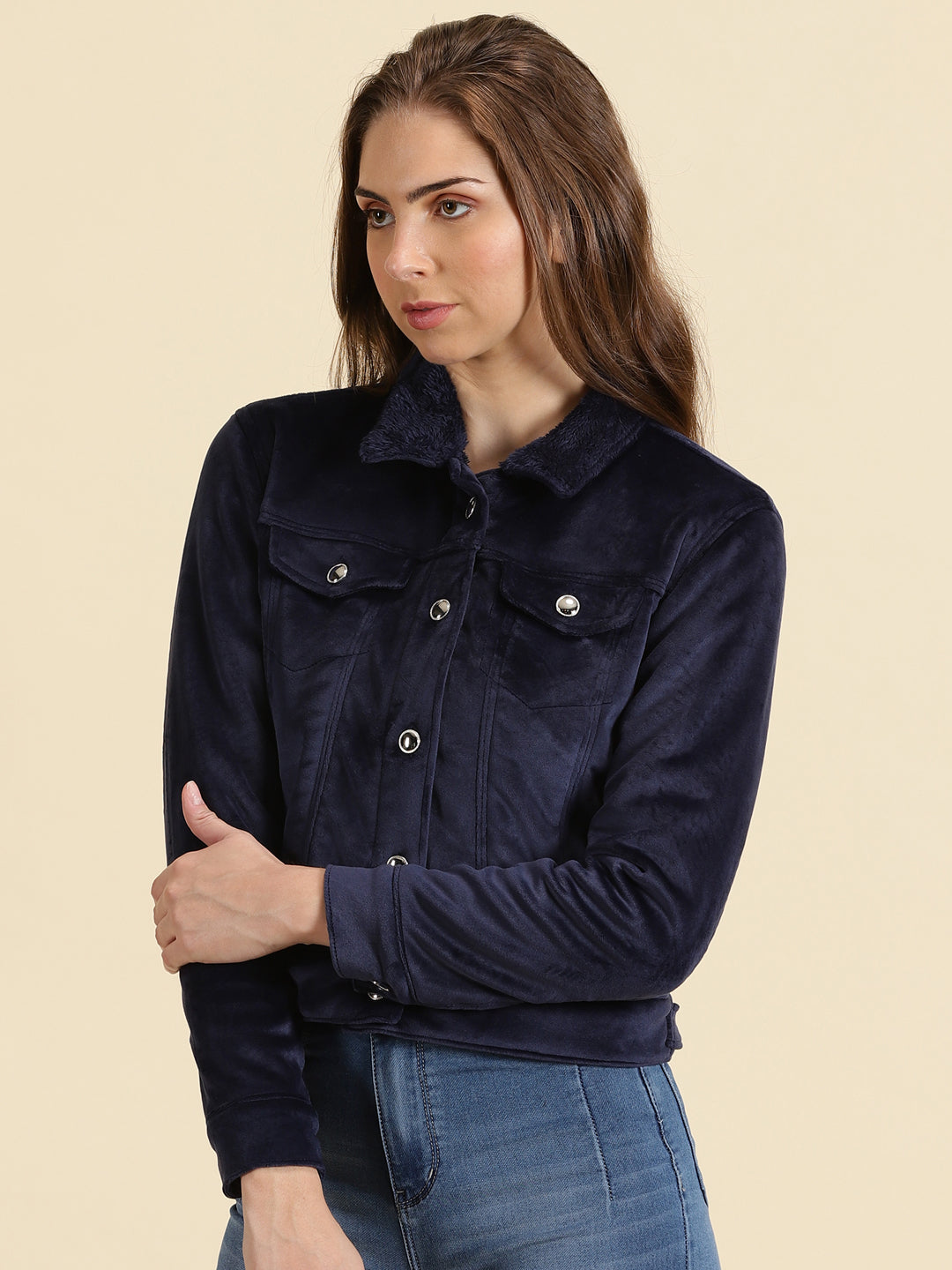 Women's Navy Blue Solid Open Front Jacket