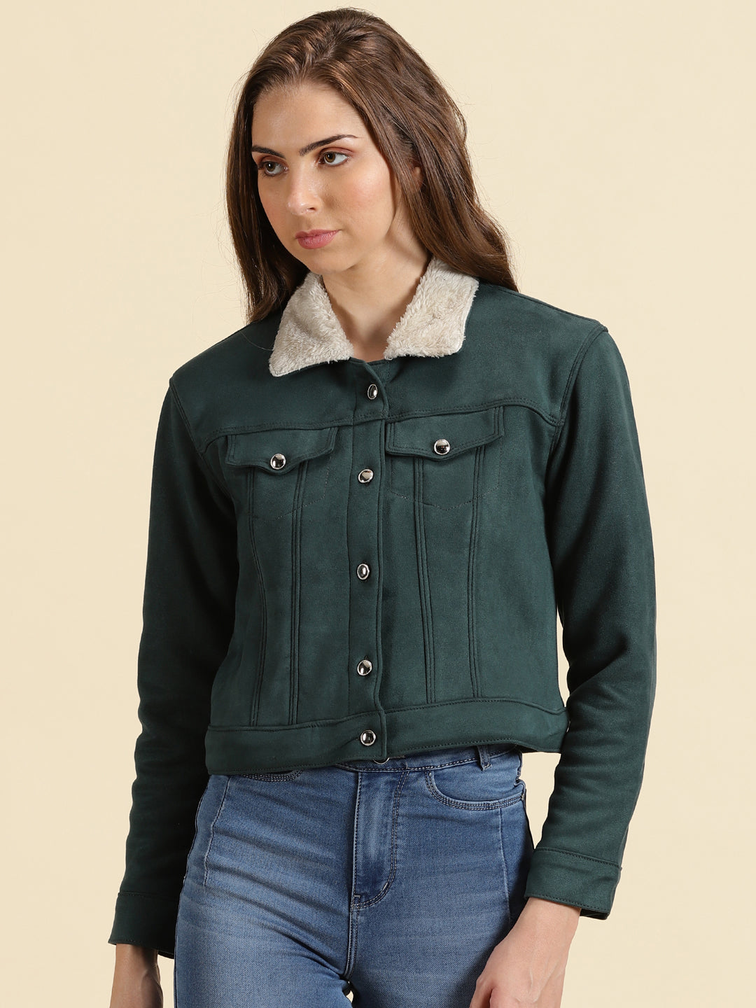 Women's Green Solid Open Front Jacket