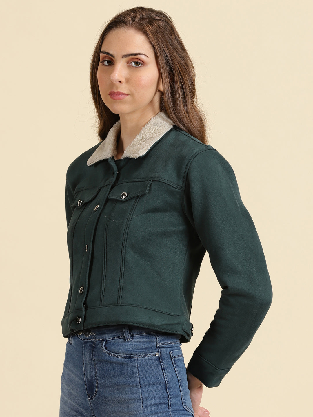 Women's Green Solid Open Front Jacket