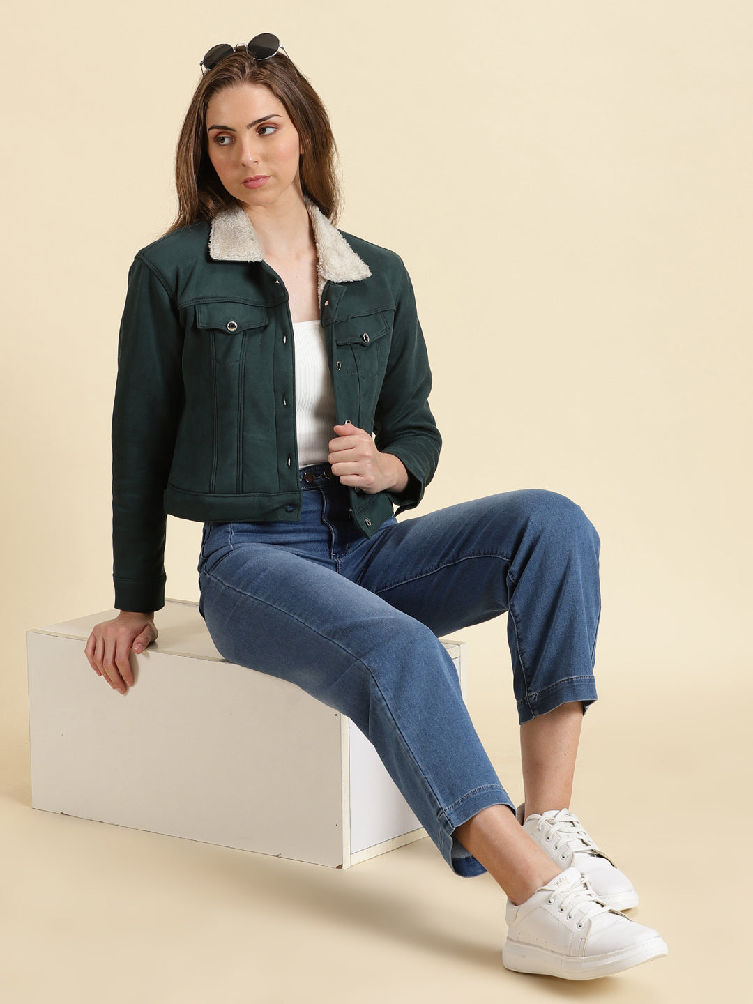 Women's Green Solid Open Front Jacket