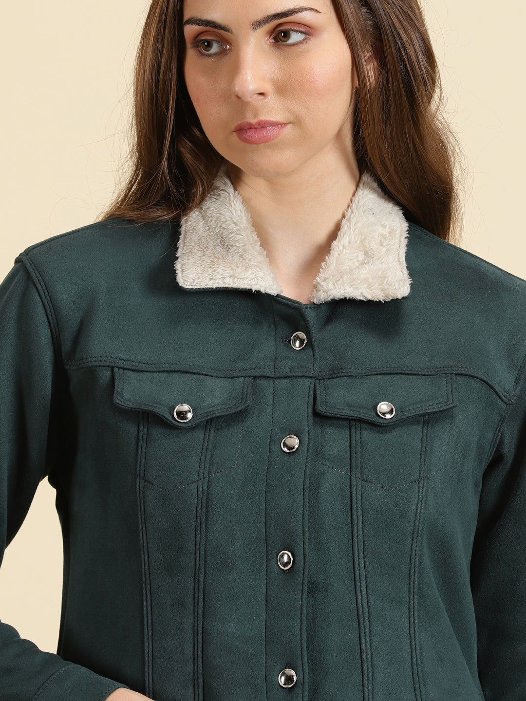 Women's Green Solid Open Front Jacket