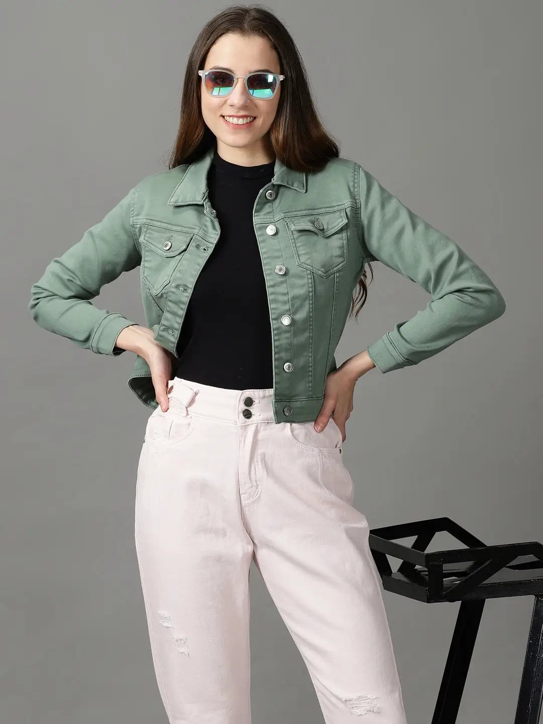 Women's Sea Green Solid Open Front Jacket