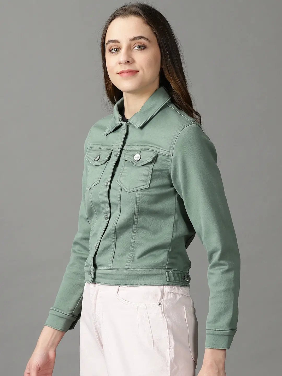 Women's Sea Green Solid Open Front Jacket