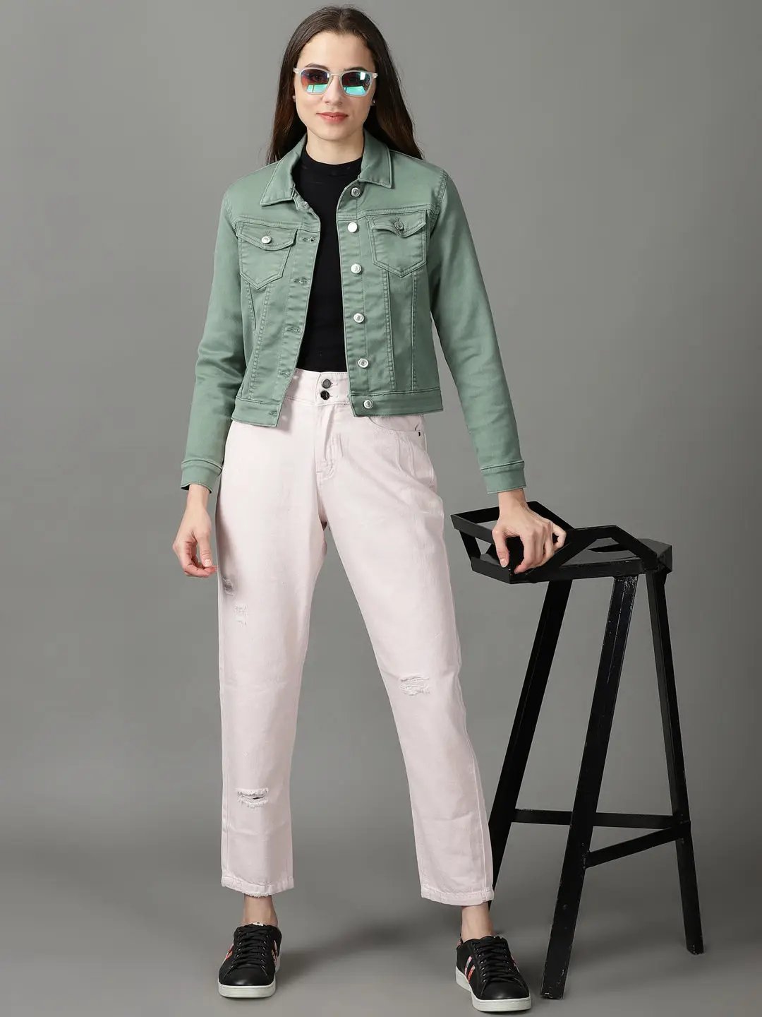 Women's Sea Green Solid Open Front Jacket