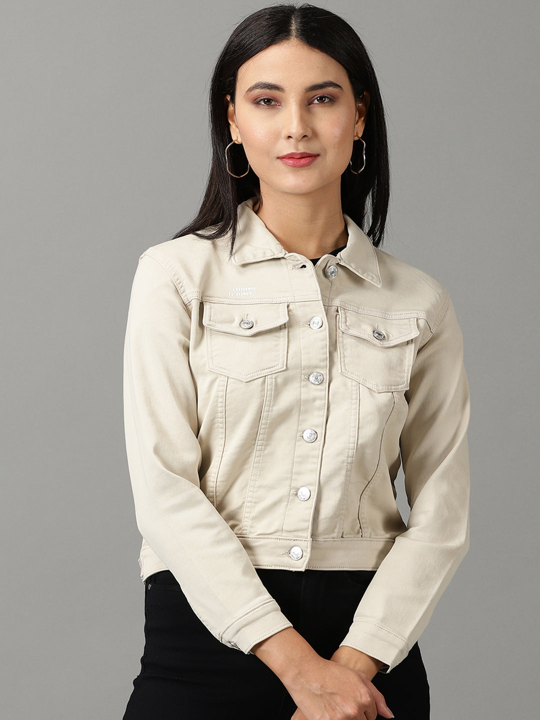 Women's Beige Solid Open Front Jacket