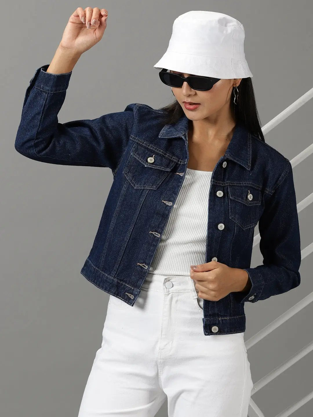 Women's Navy Blue Spread Collar Long Sleeves Denim Jacket