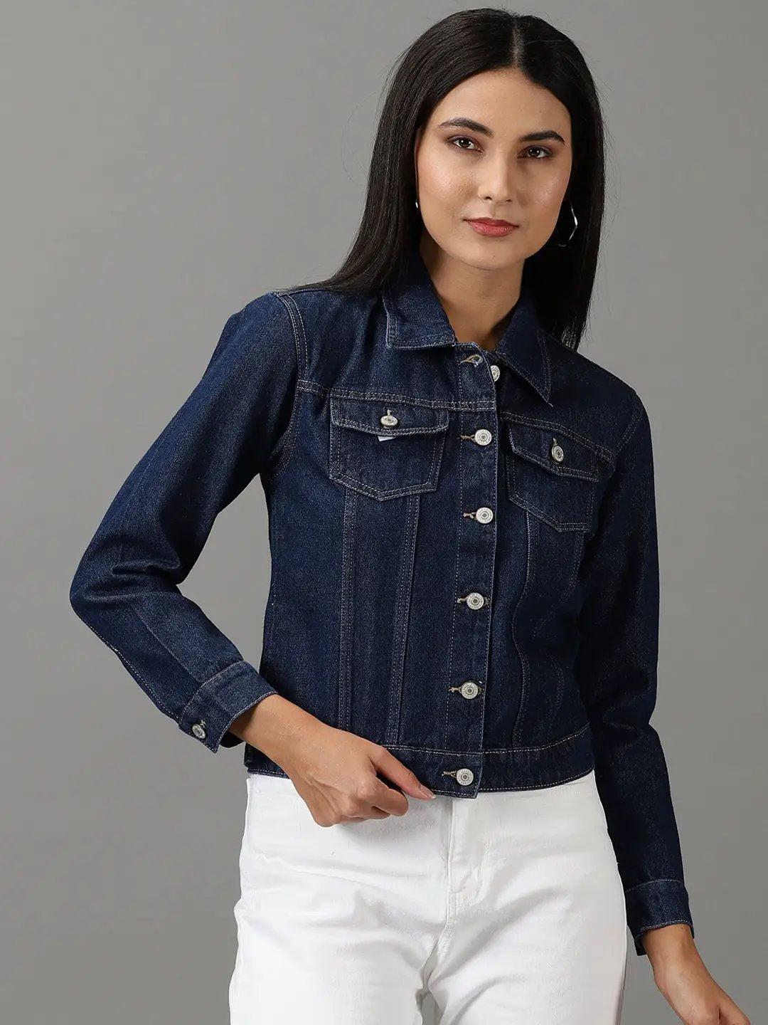 Women's Navy Blue Spread Collar Long Sleeves Denim Jacket