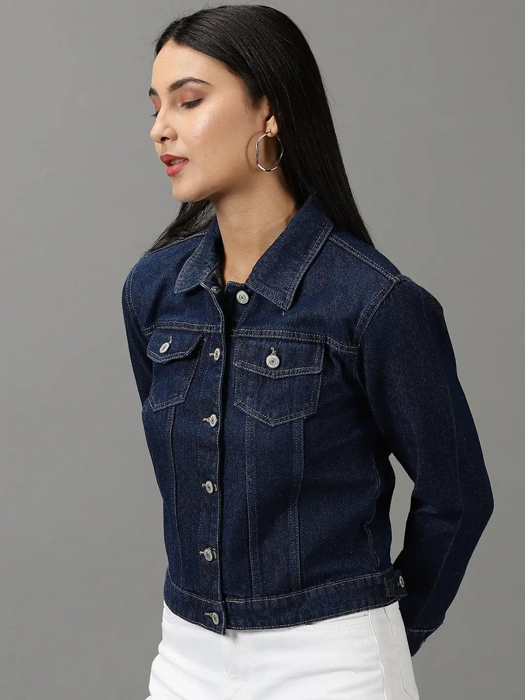 Women's Navy Blue Spread Collar Long Sleeves Denim Jacket