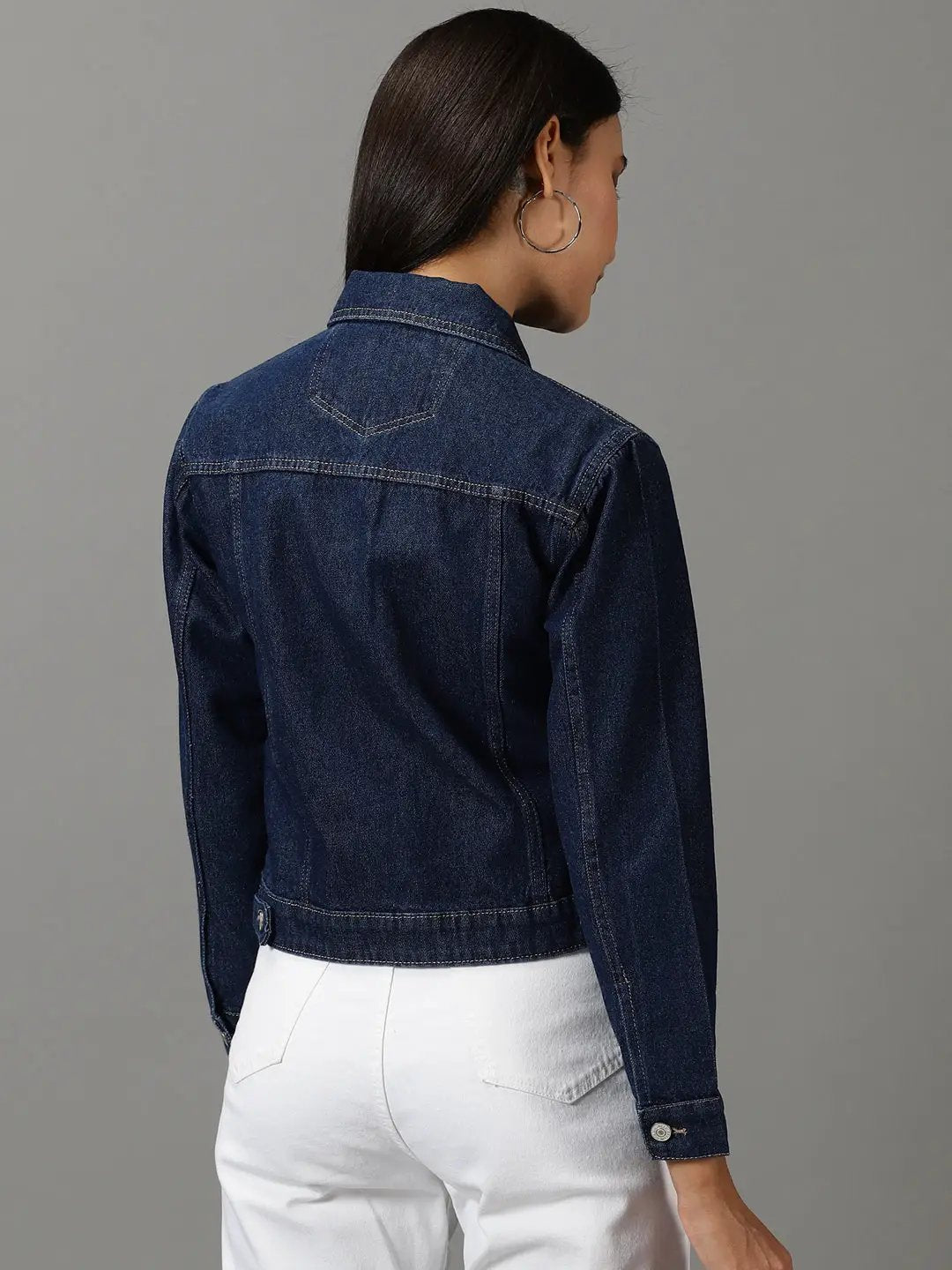 Women's Navy Blue Spread Collar Long Sleeves Denim Jacket