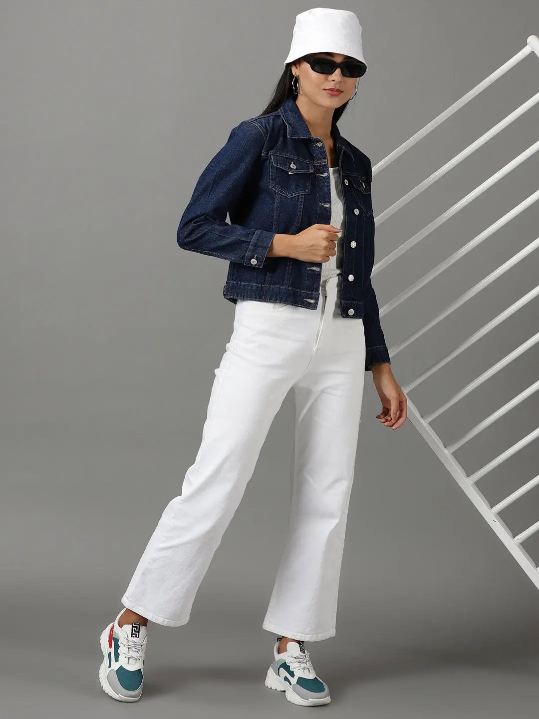 Women's Navy Blue Spread Collar Long Sleeves Denim Jacket