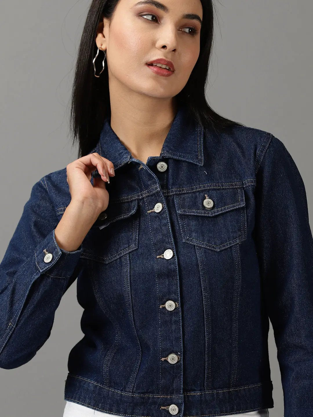 Women's Navy Blue Spread Collar Long Sleeves Denim Jacket