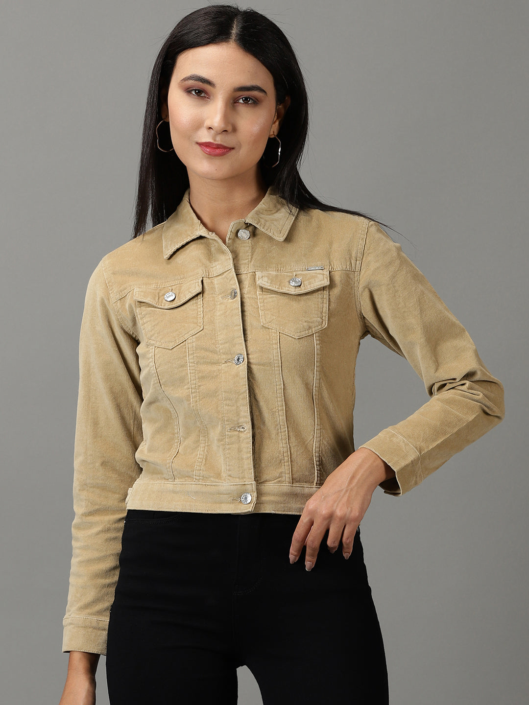 Women's Khaki Solid Open Front Jacket