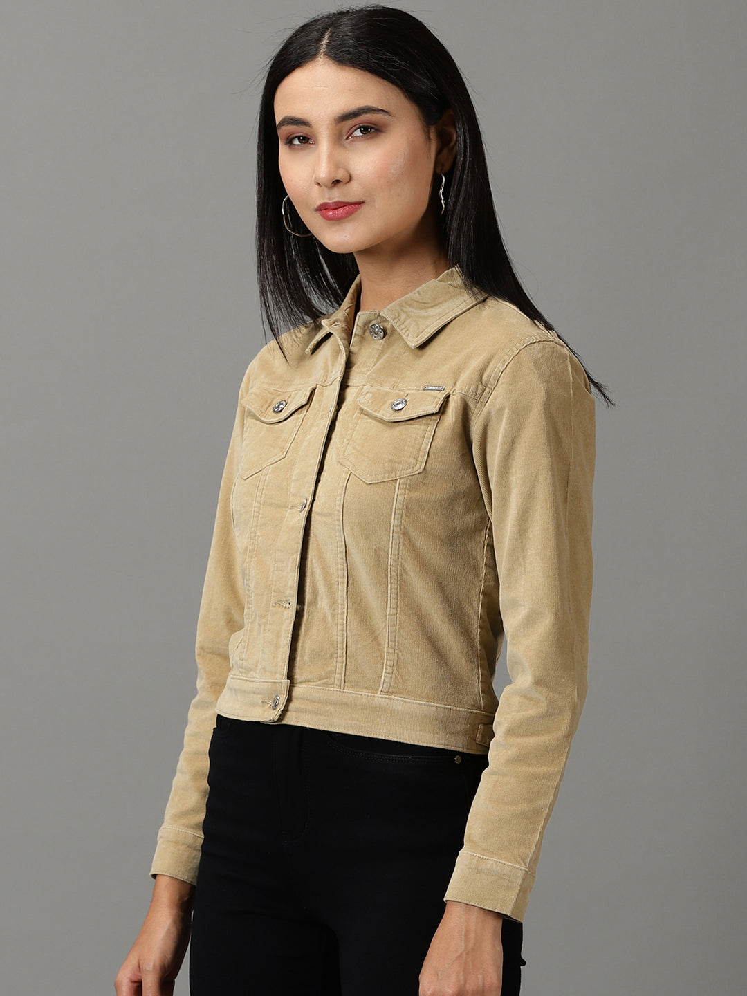 Women's Khaki Solid Open Front Jacket