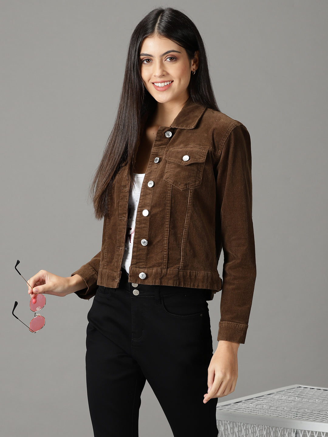 Women's Coffee Brown Solid Open Front Jacket