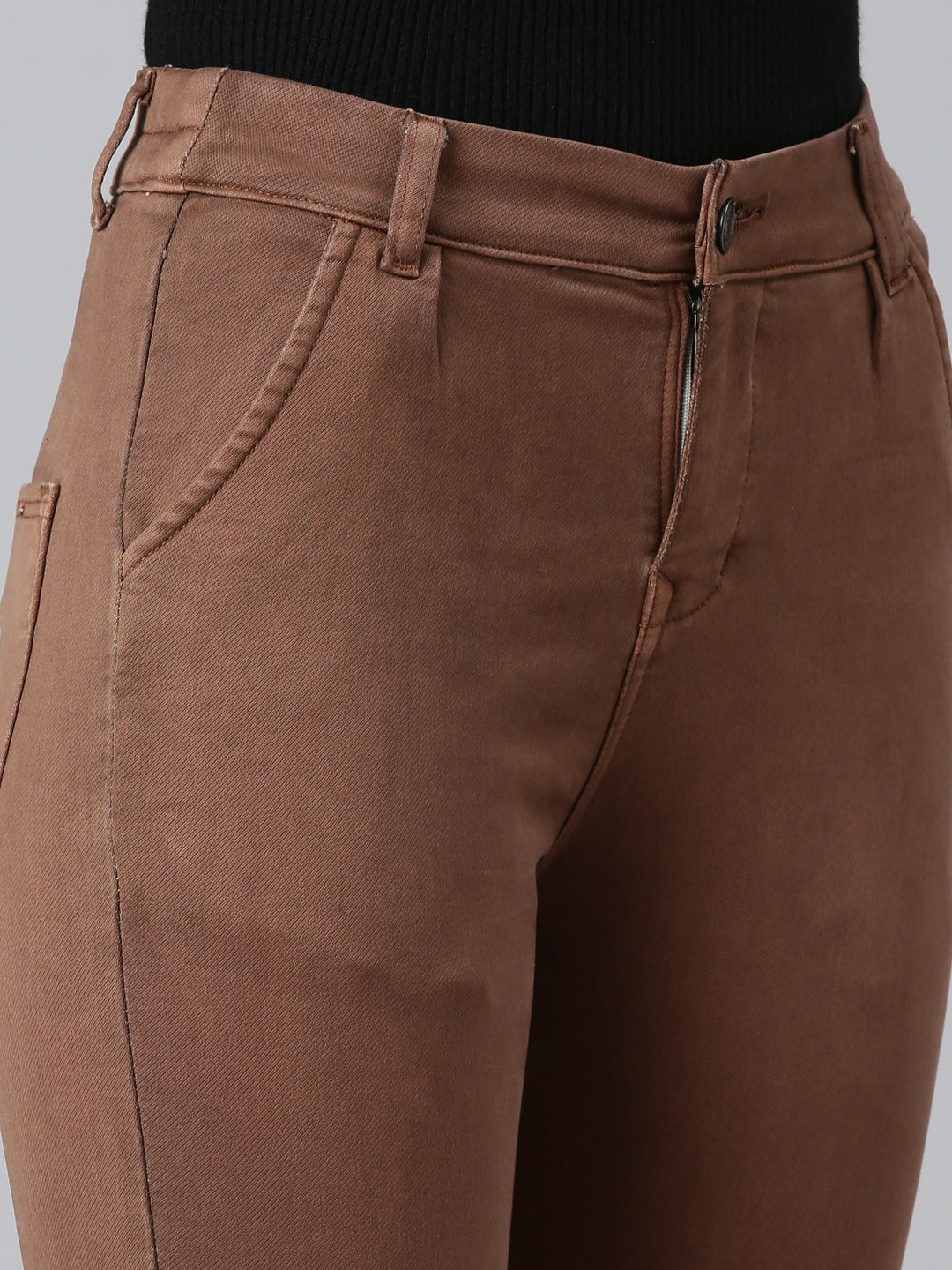 Women's Brown Solid Jogger Denim Jeans