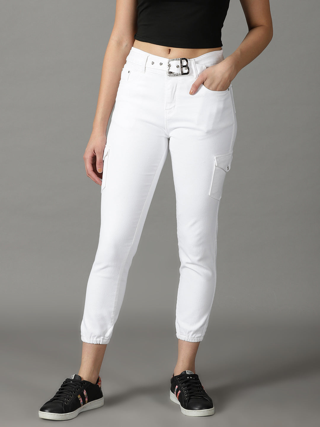 Women's White Solid Jogger Denim Jeans