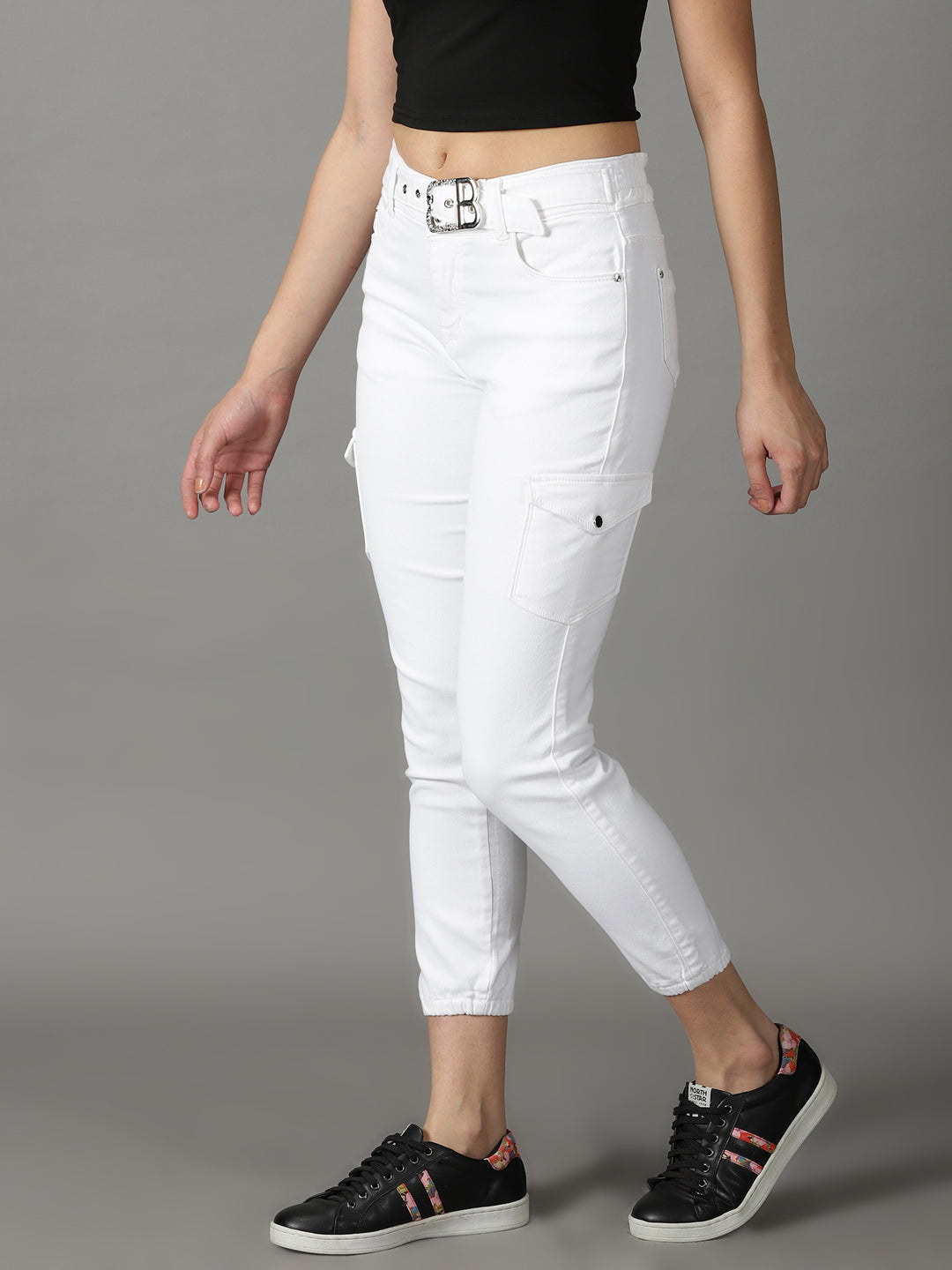 Women's White Solid Jogger Denim Jeans